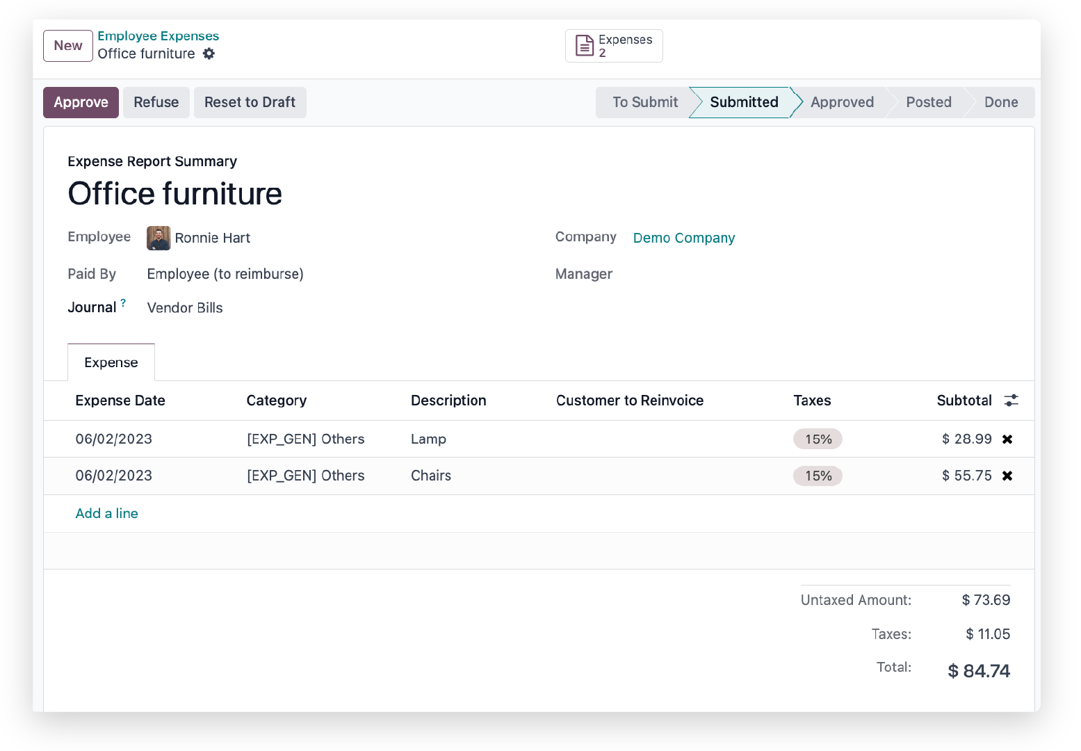Odoo accounting expense detail