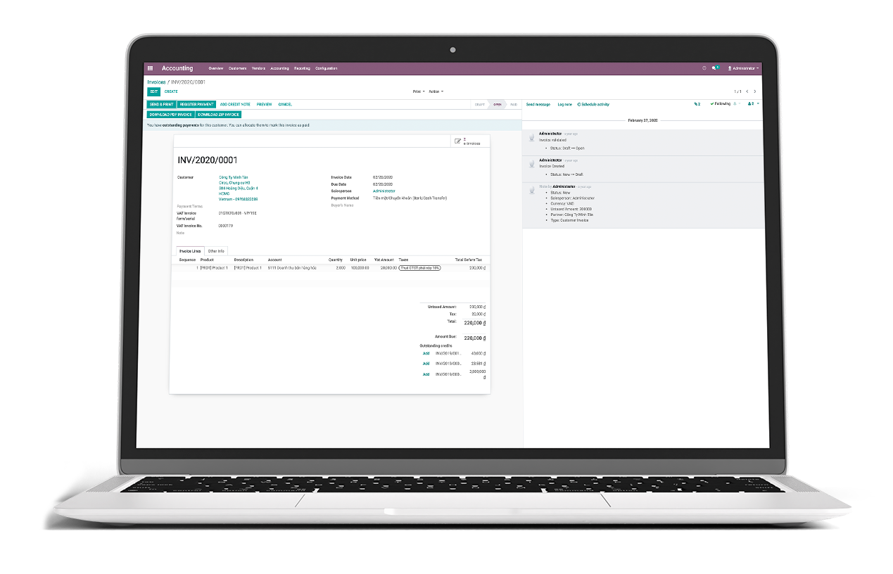 E-invoice in Odoo accounting app